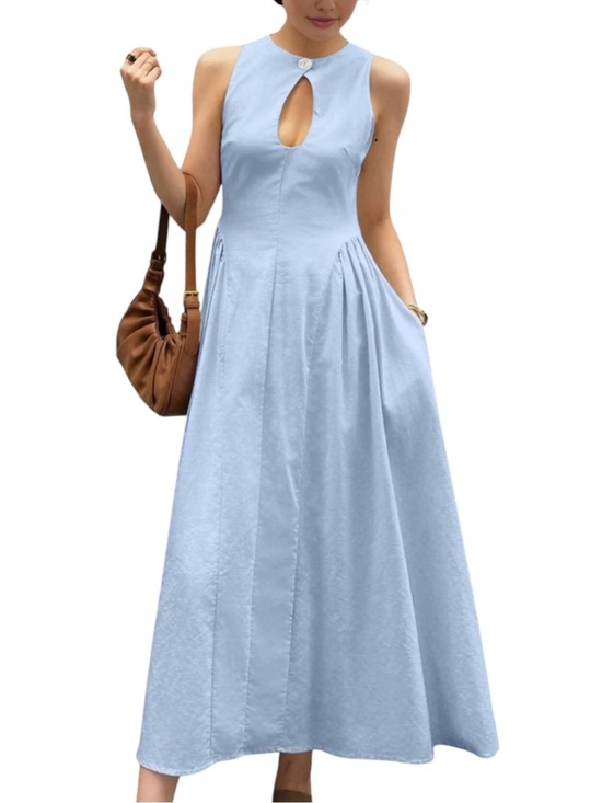 Commense Dresses & Skirts - Commense Light Blue Linen Cotton Cutout Pleated Maxi Dress Medium NWT